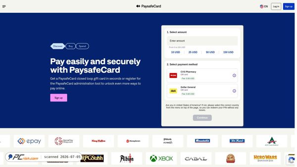paysafecard.com screenshot