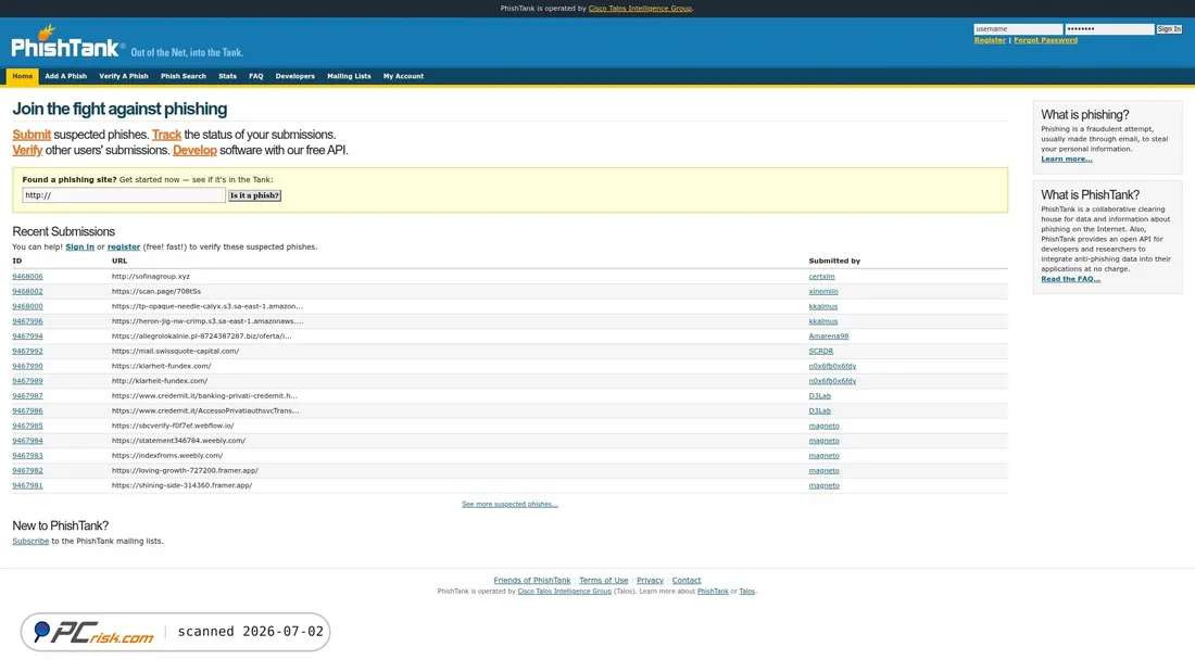 Screenshot of phishtank.org