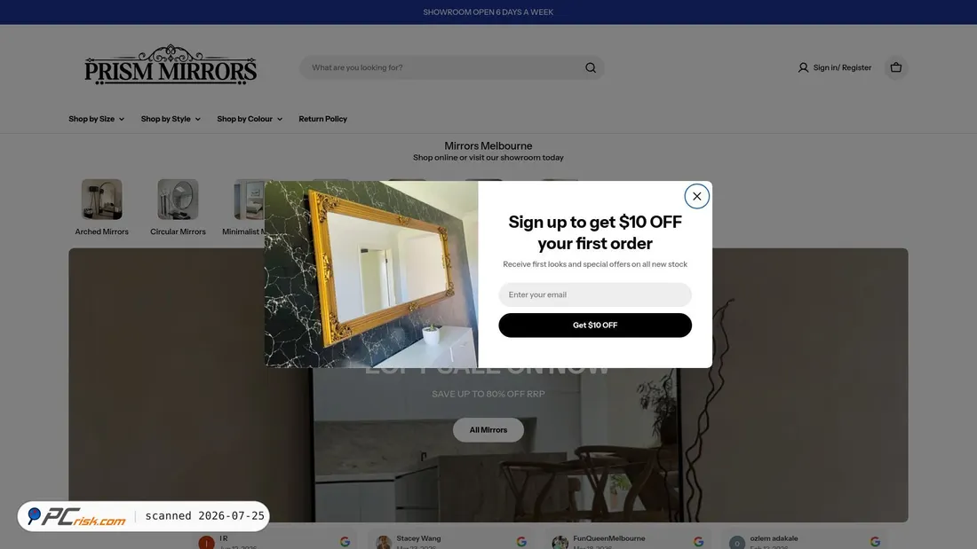 Screenshot of prismmirrors.com.au