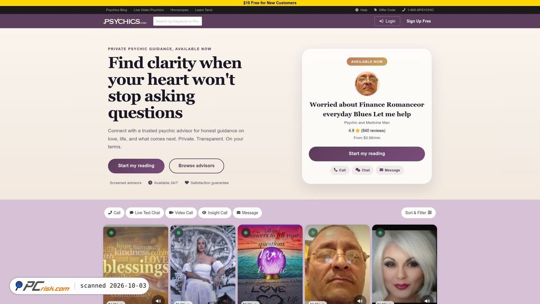 Captura de ecrã de psychics.com
