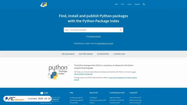 Captura de ecrã de pypi.org