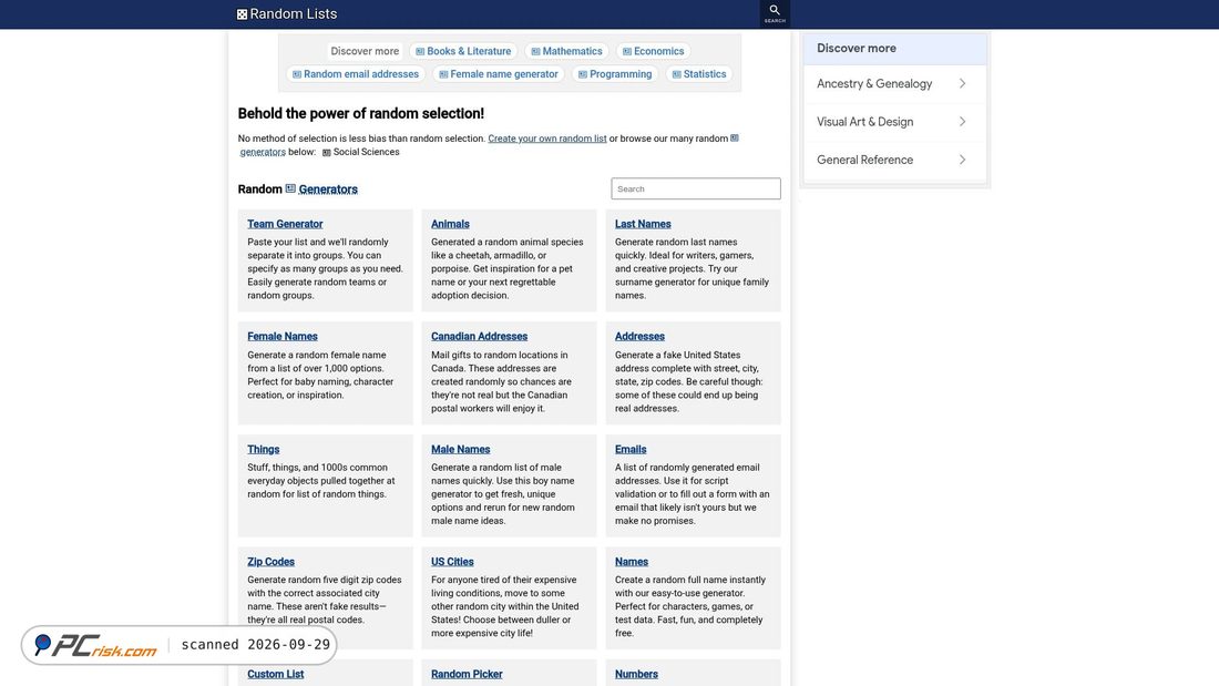 Captura de ecrã de randomlists.com