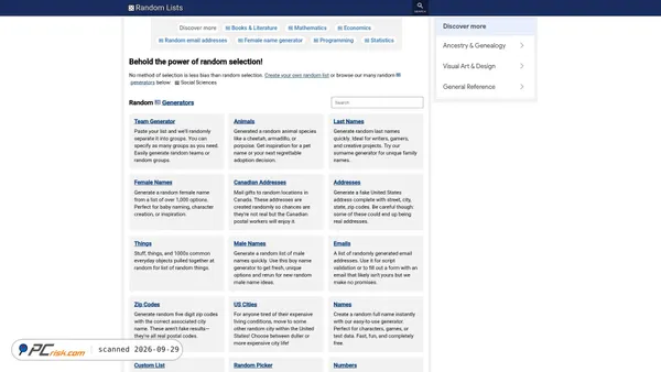 Captura de ecrã de randomlists.com