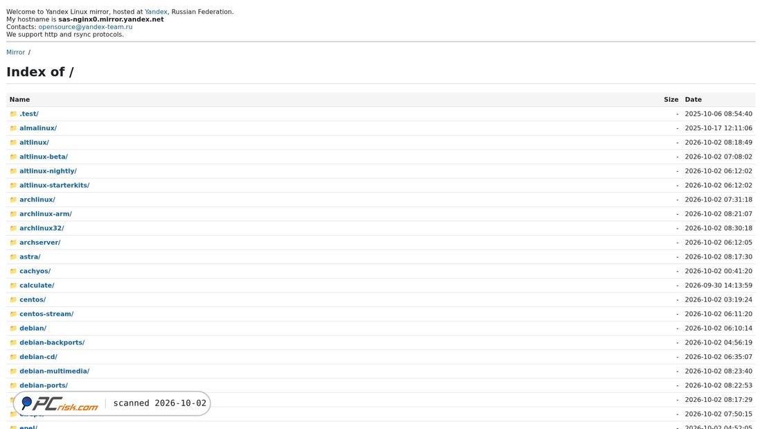 Captura de ecrã de repo.mirror.yandex.ru