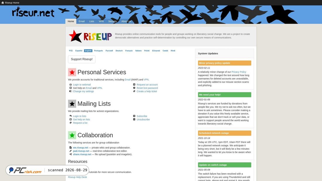 Screenshot di riseup.net