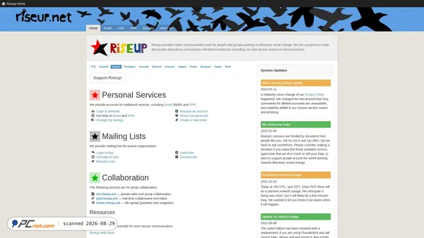Screenshot di riseup.net