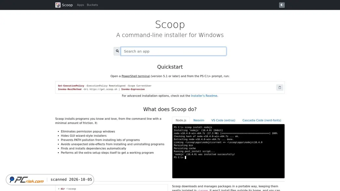 Captura de ecrã de scoop.sh