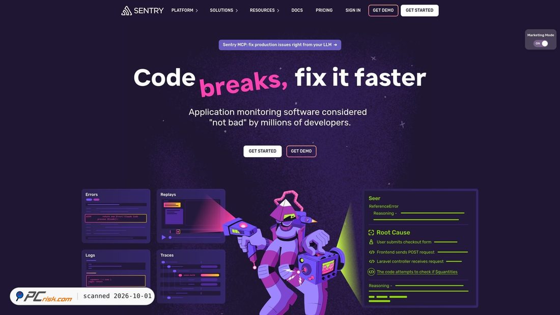 Captura de pantalla de sentry.io