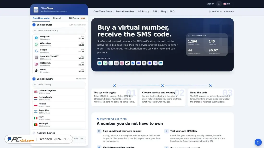 Screenshot van simsms.com