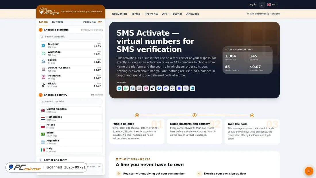 Screenshot von smsactivate.io