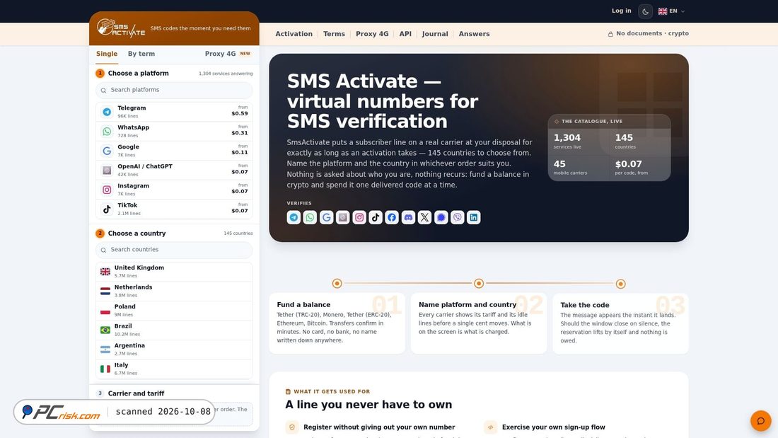 Screenshot di smsactivate.io