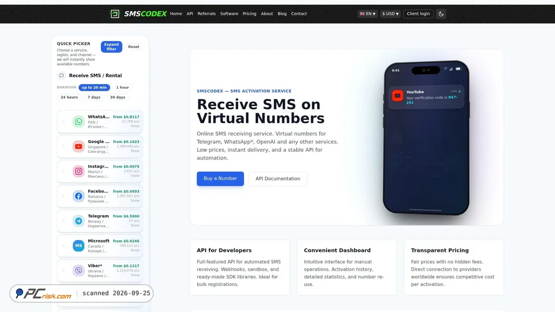 Captura de ecrã de smscodex.com