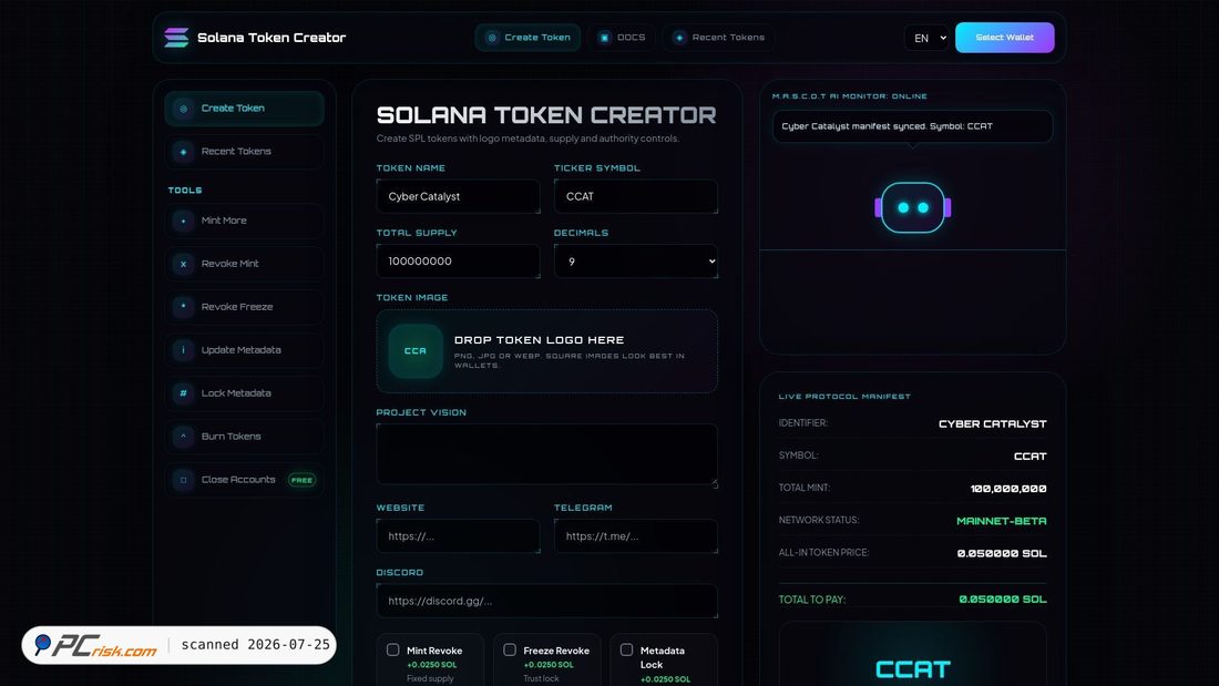 Screenshot von solanatokencreator.org
