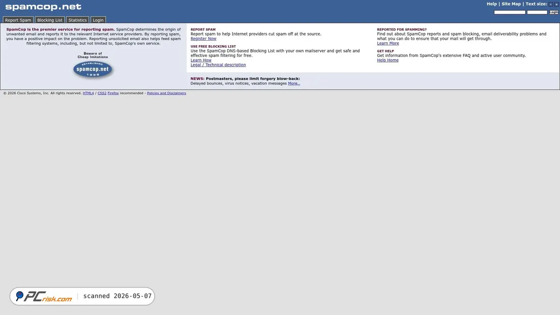 Screenshot of spamcop.net