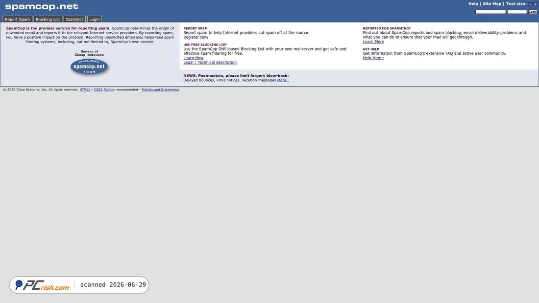 Screenshot von spamcop.net