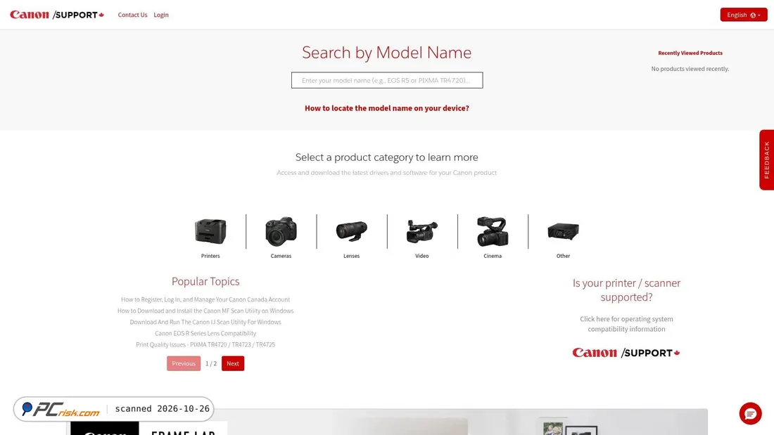 Screenshot von support.canon.ca