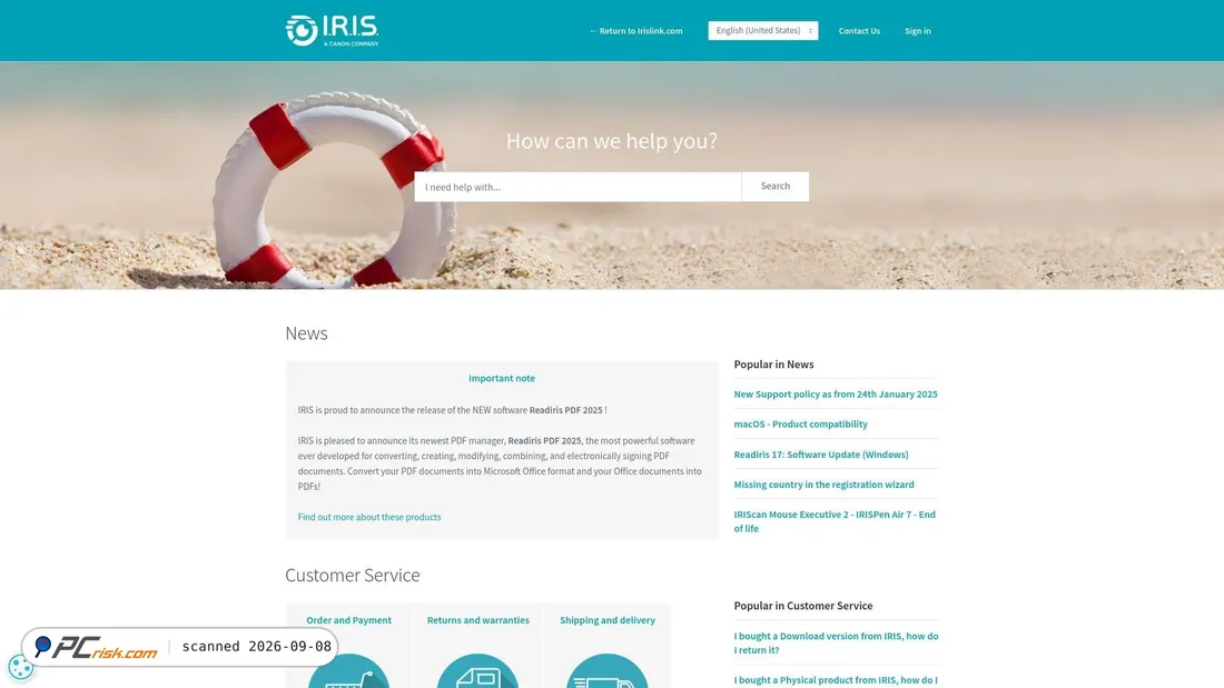 Captura de pantalla de support.irislink.com