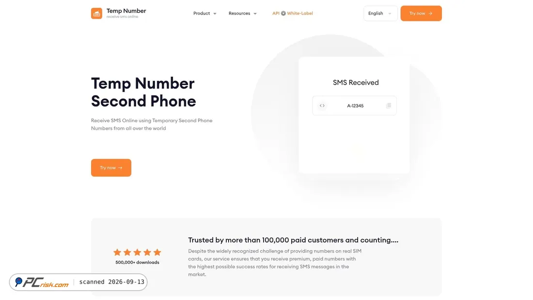 Screenshot of temp-number.org