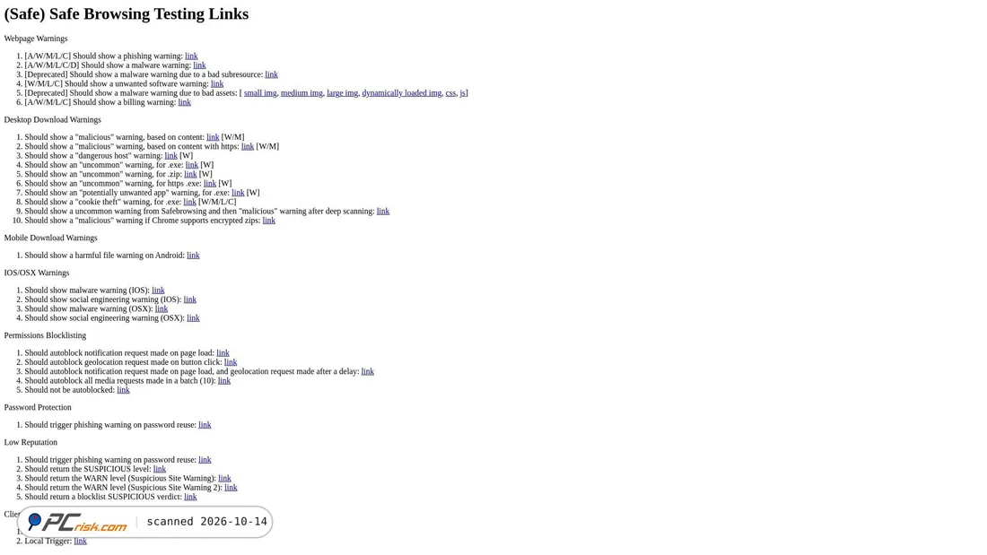 Captura de ecrã de testsafebrowsing.appspot.com