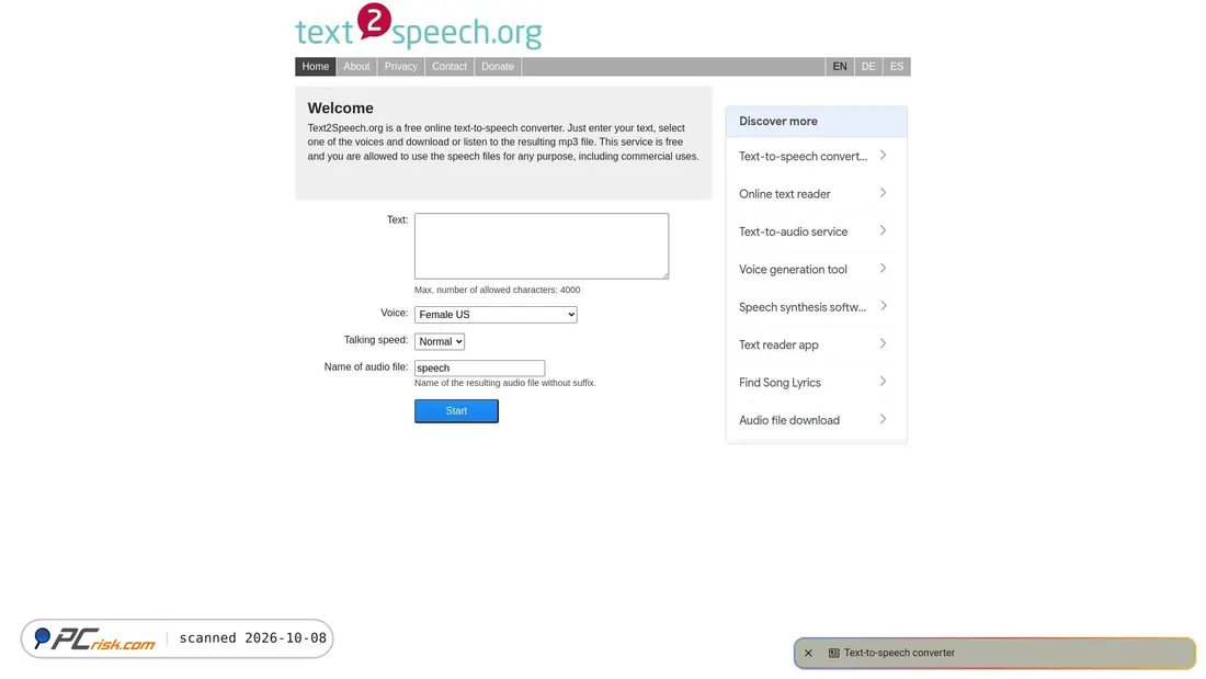 Screenshot of text2speech.org