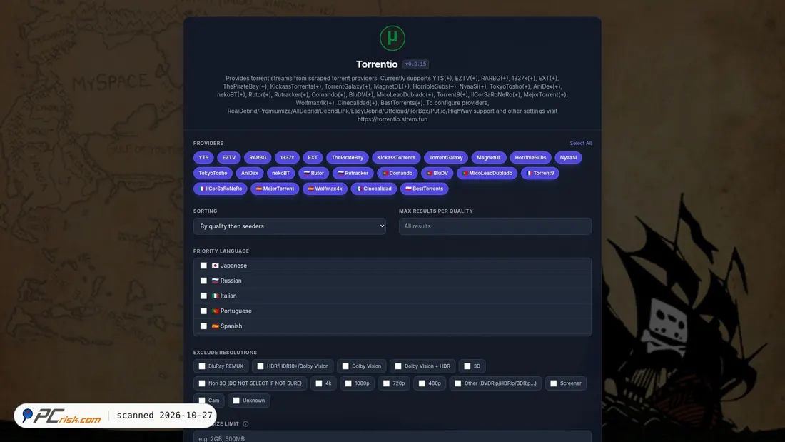 Screenshot of torrentio.strem.fun