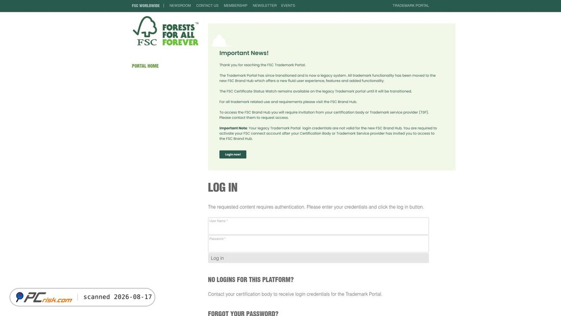 Screenshot of trademarkportal.fsc.org