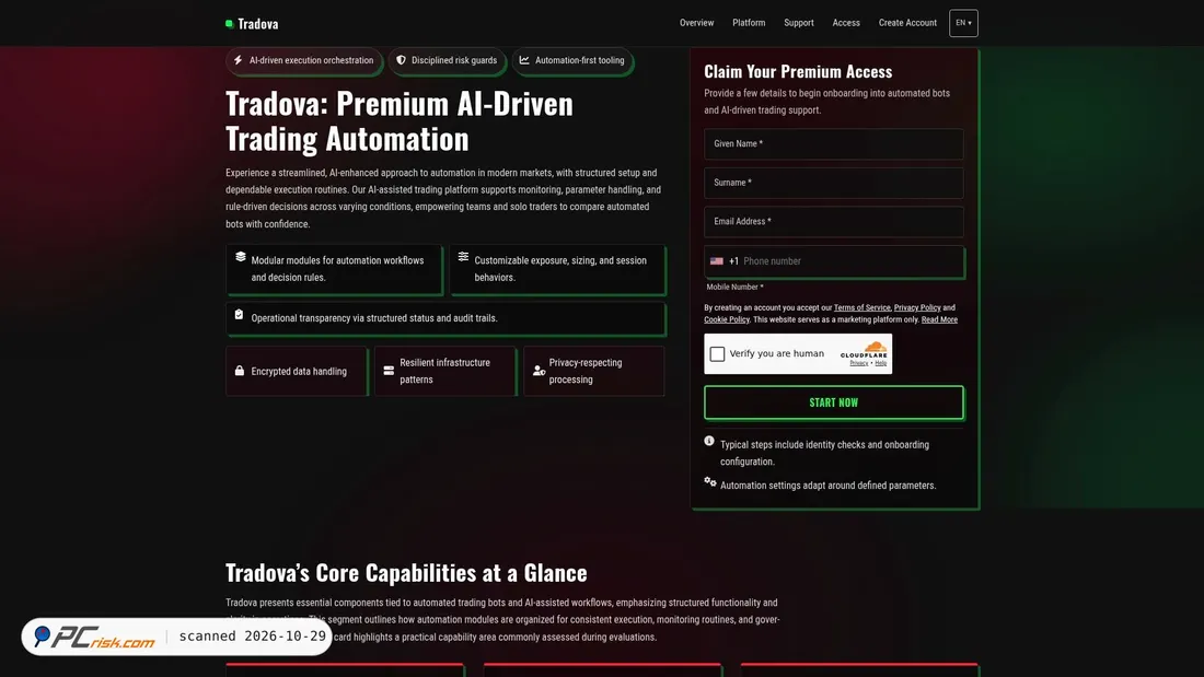 Screenshot von tradova-platform.com