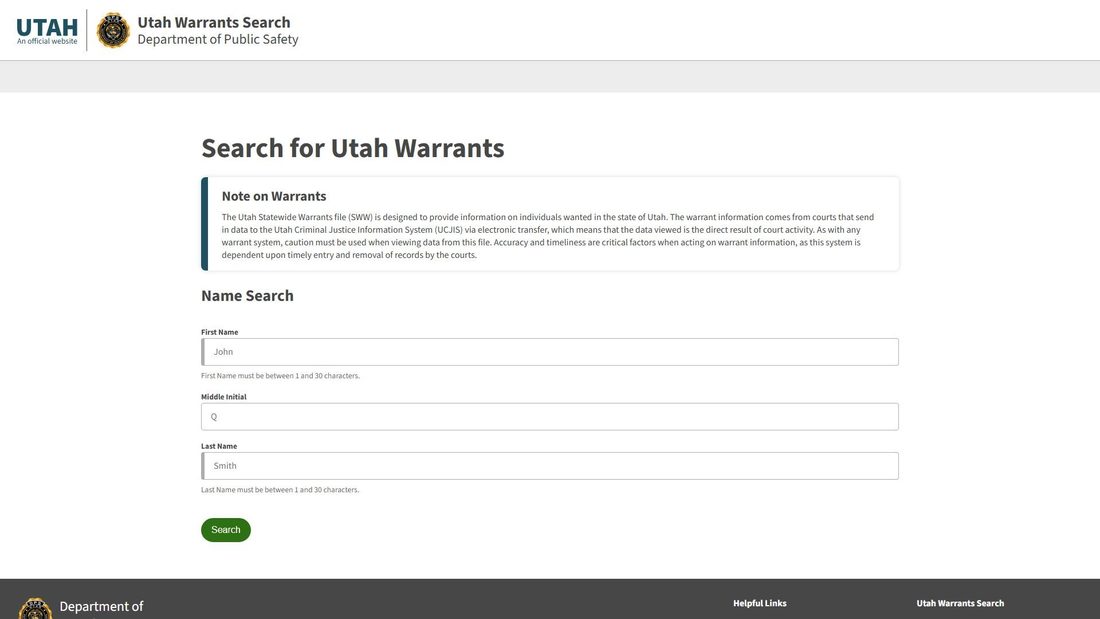 Zrzut ekranu warrants.utah.gov