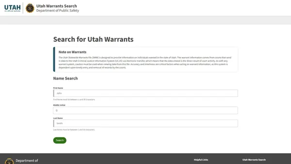 Capture d’écran de warrants.utah.gov