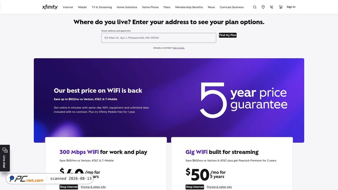Screenshot von xfinity.com